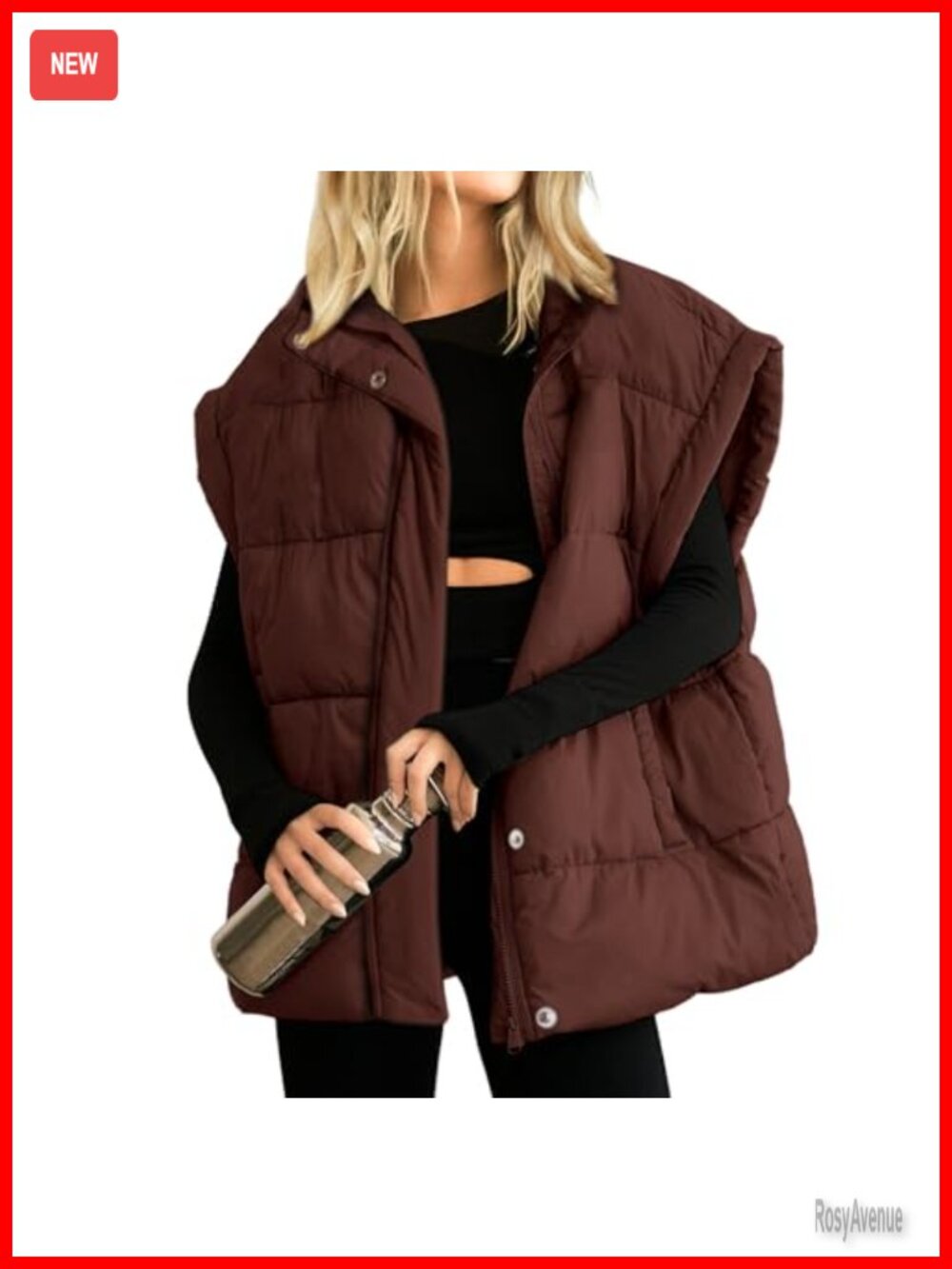 Oversized Quilted Puffer Vest Full Zip Sleeveless Warm Coat Outwear